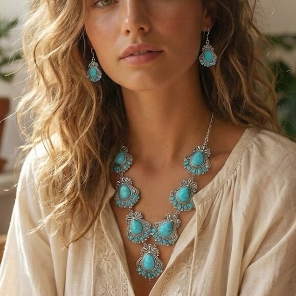 Turquoise Stone Statement Y Necklace Silver Dipped with Earrings SET NEW Western - Picture 2 of 4
